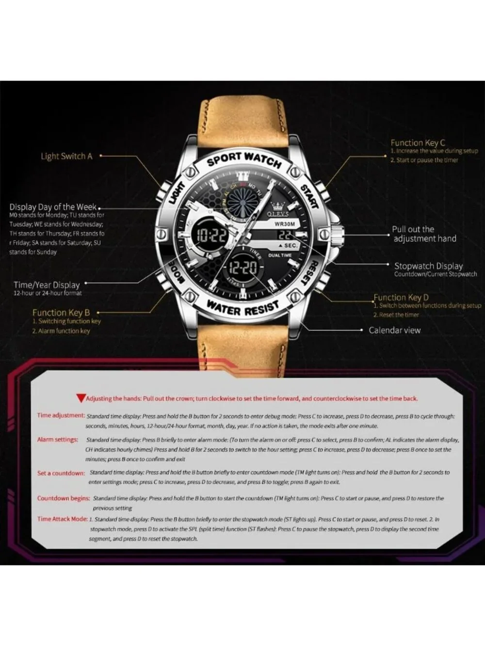 Men's Brown Silver Leather Chronograph Fashion Digital Waterproof Wrist Watch